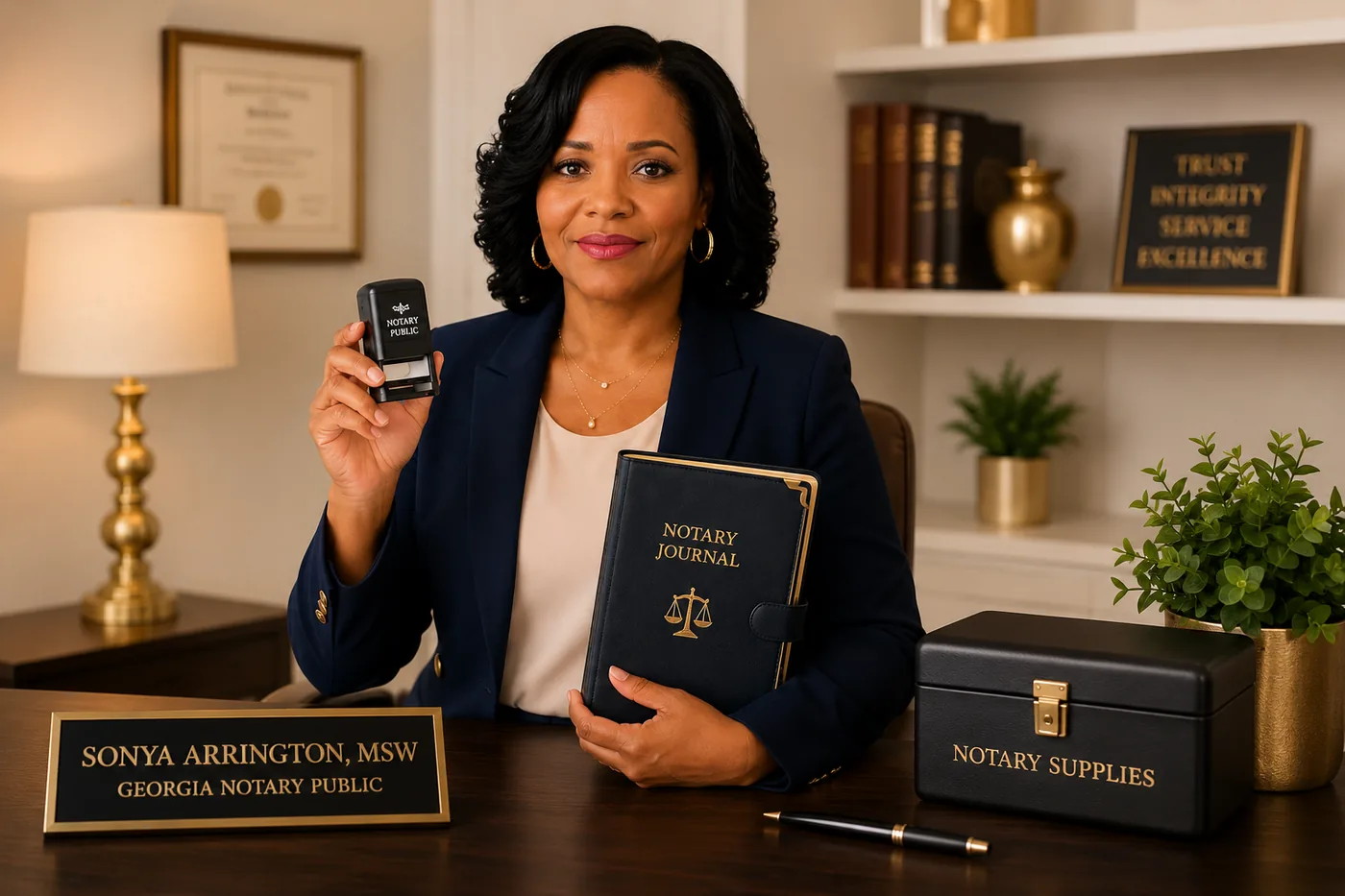 Dr. Sonya Arrington, Georgia Notary Public, holding her notary journal and official stamp